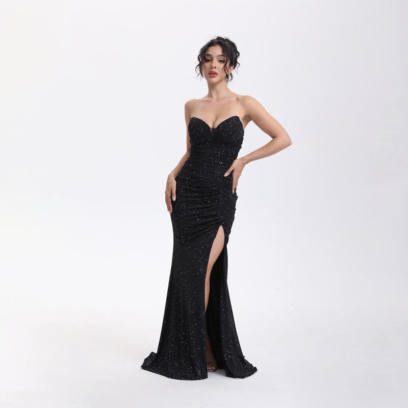 Beatrice strapless sequin maxi dress with a gathered design and slit