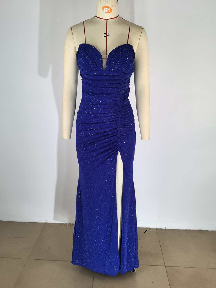 Beatrice strapless sequin maxi dress with a gathered design and slit