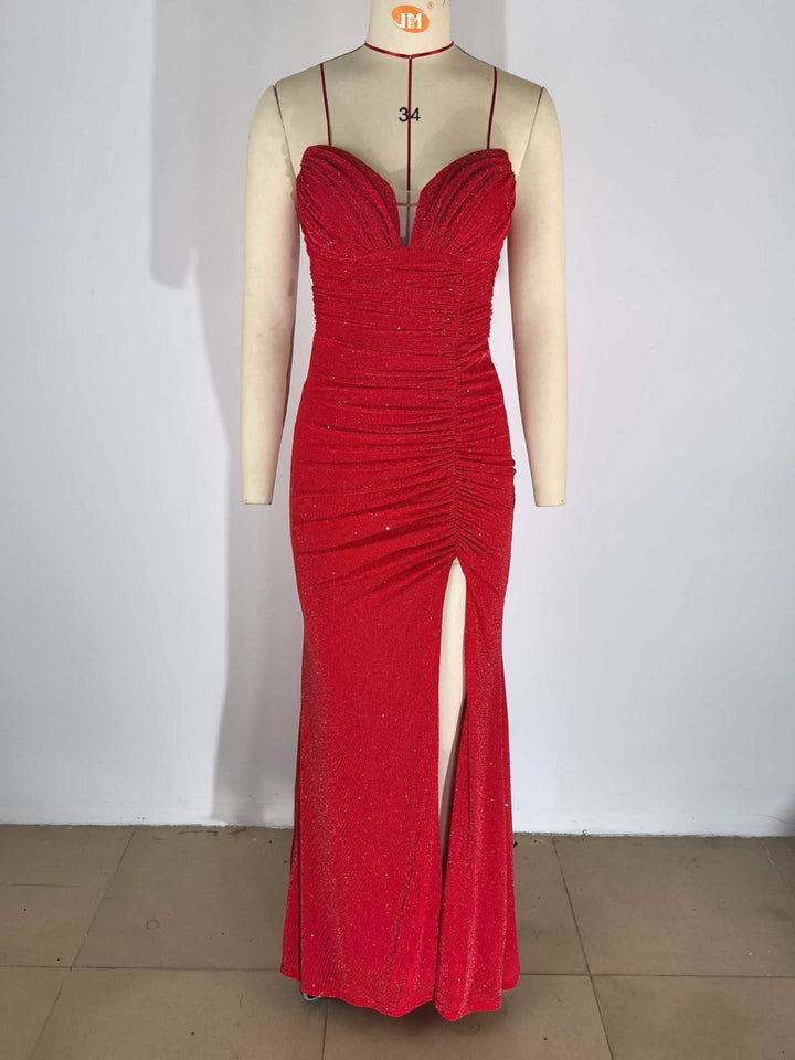 Beatrice strapless sequin maxi dress with a gathered design and slit