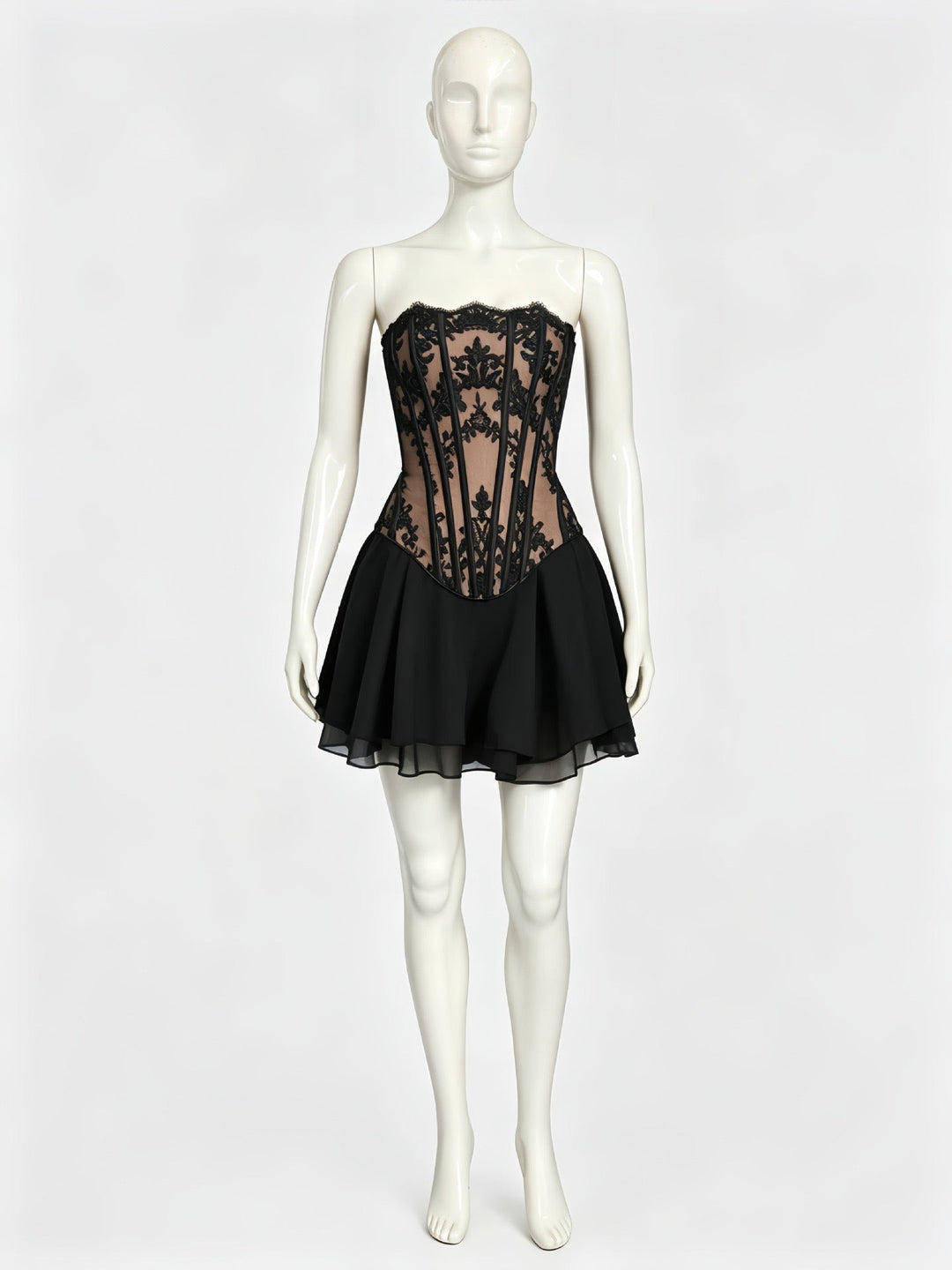 Maureen two-piece set with a strapless lace corset top and chiffon mini skirt
