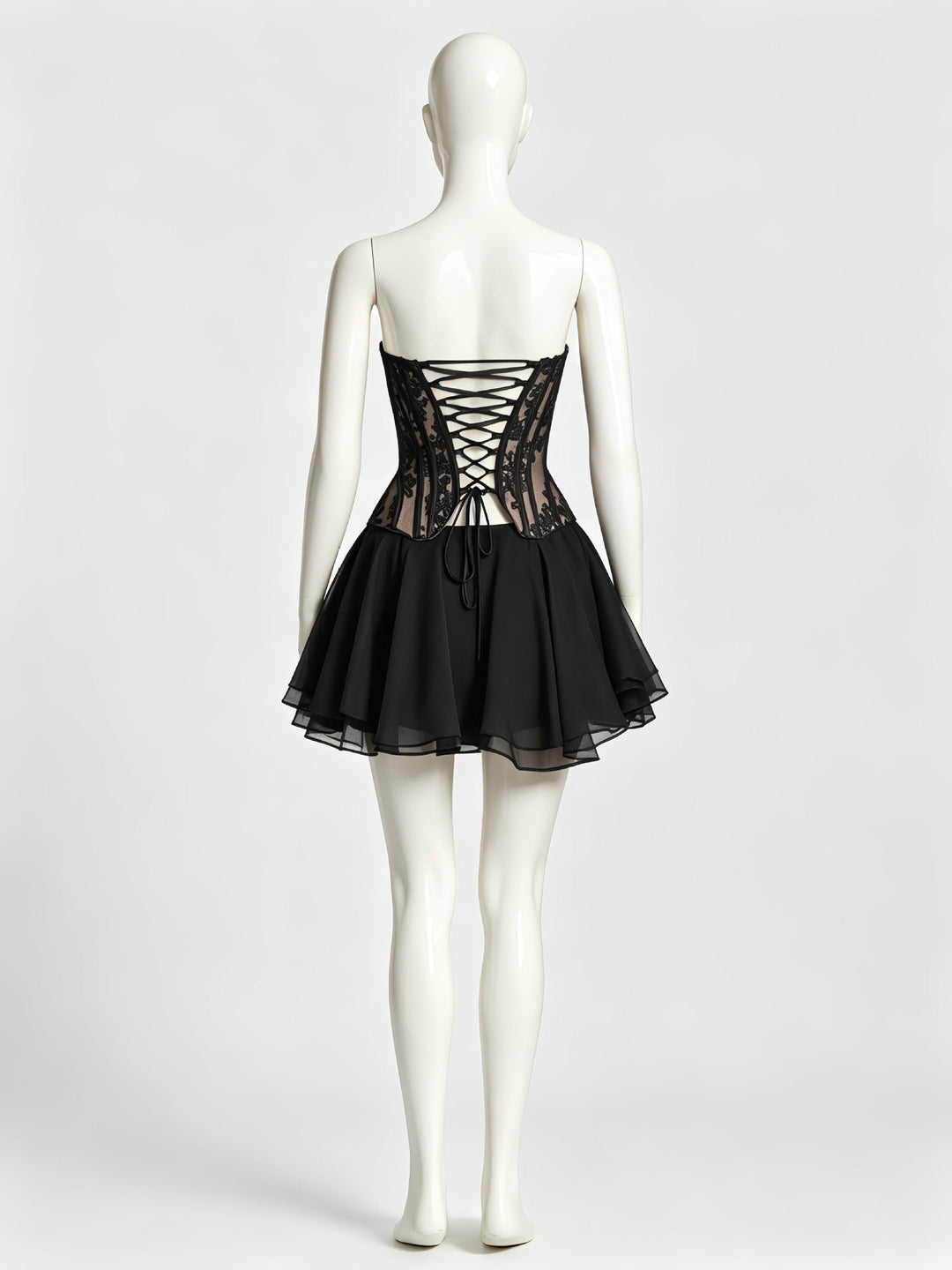 Maureen two-piece set with a strapless lace corset top and chiffon mini skirt