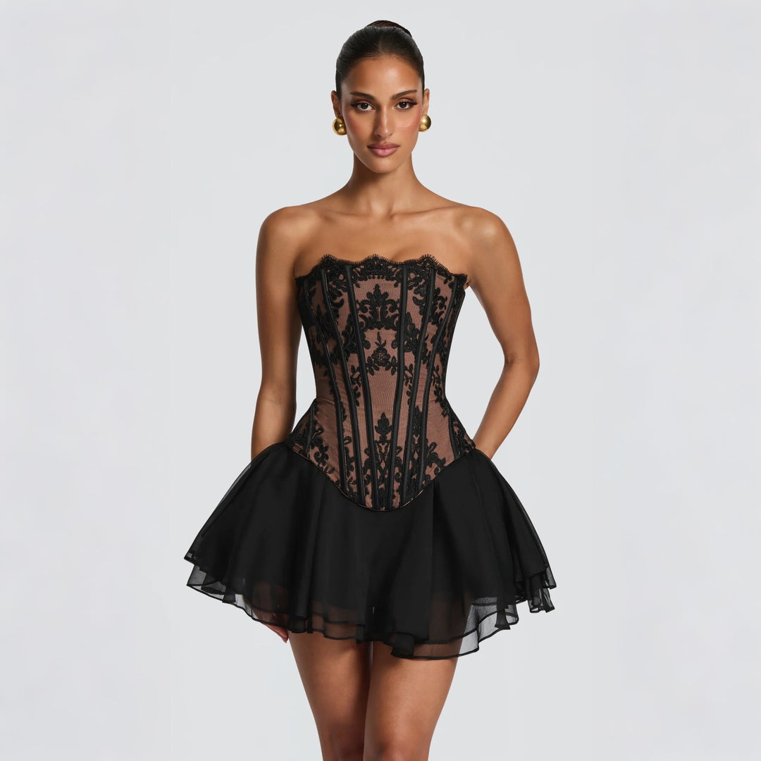 Maureen two-piece set with a strapless lace corset top and chiffon mini skirt