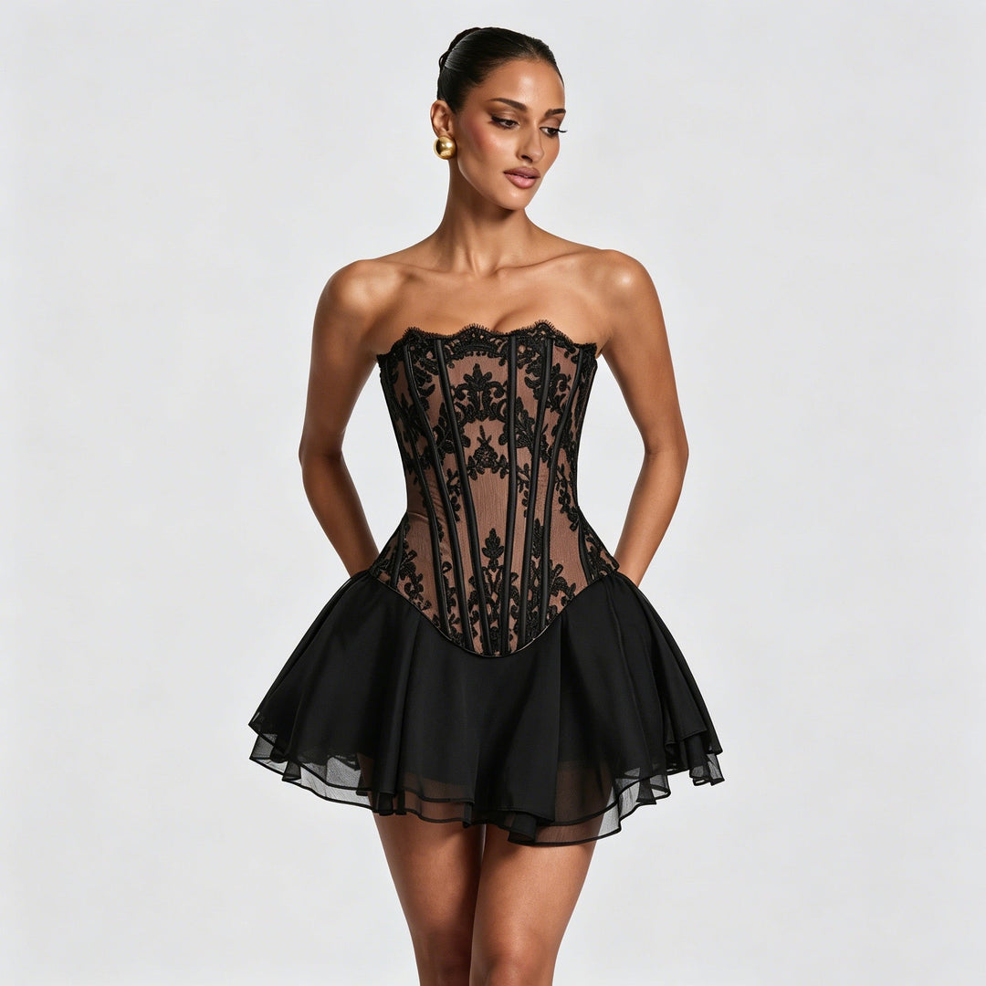 Maureen two-piece set with a strapless lace corset top and chiffon mini skirt