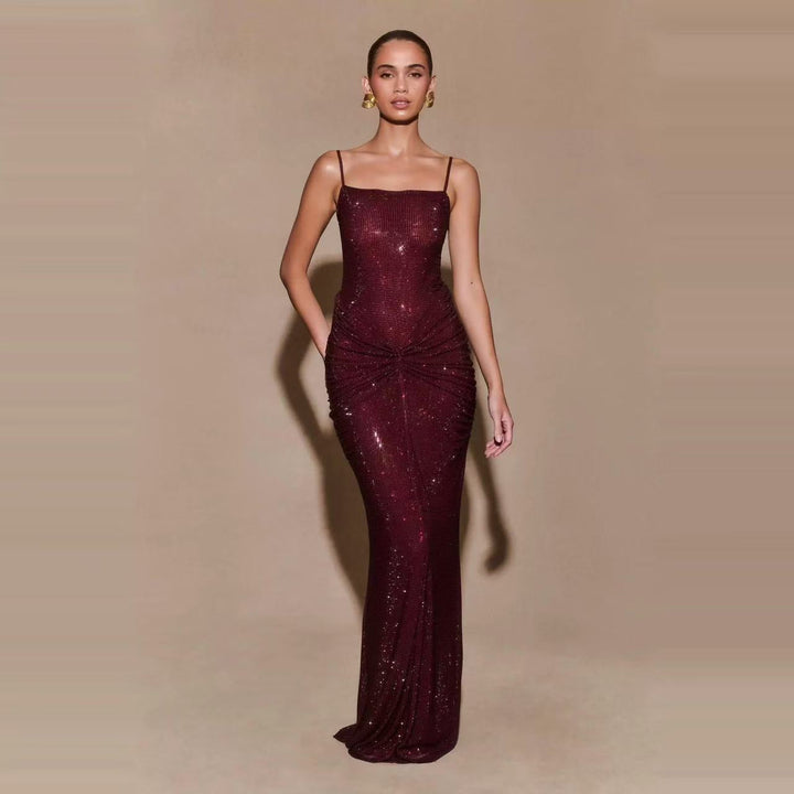 Tight maxi dress with glittering rhinestones and gathers - DIAN