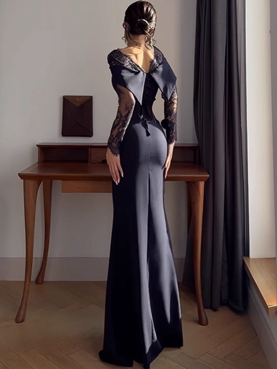 Elegant Maxi Evening Dress with Lace Design - RONIT