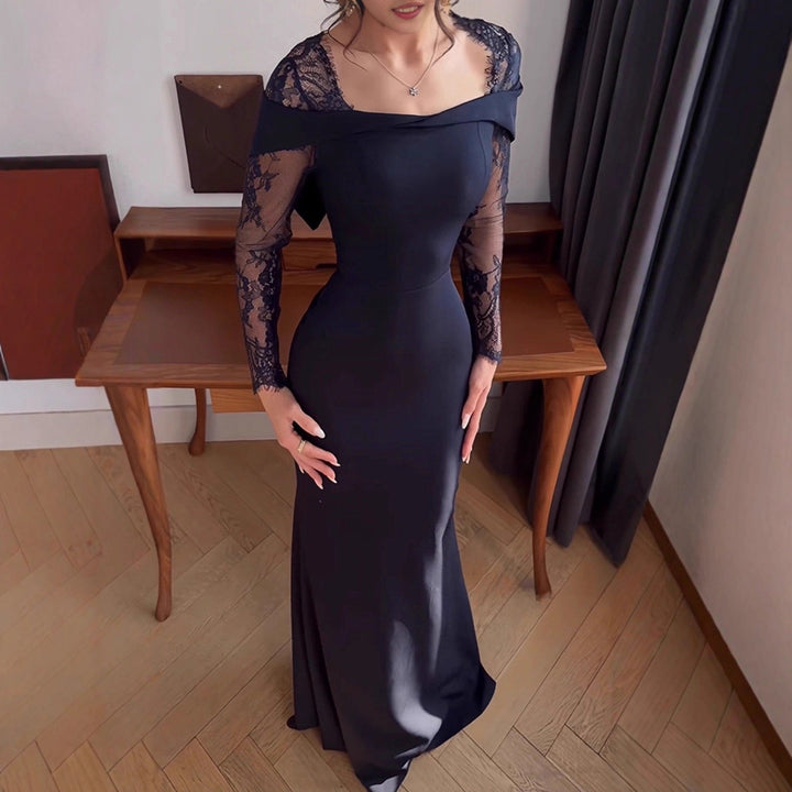 Elegant Maxi Evening Dress with Lace Design - RONIT