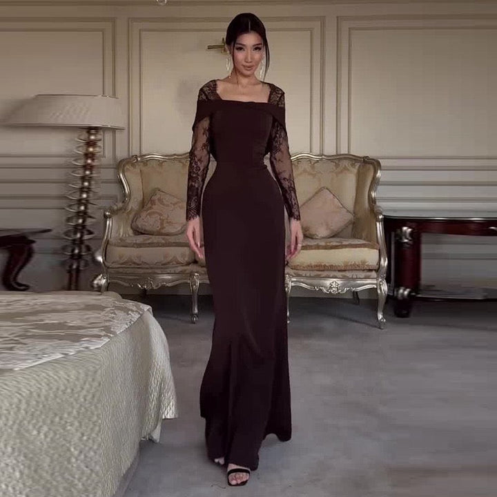 Elegant Maxi Evening Dress with Lace Design - RONIT