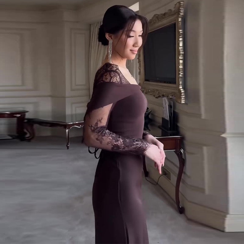 Elegant Maxi Evening Dress with Lace Design - RONIT