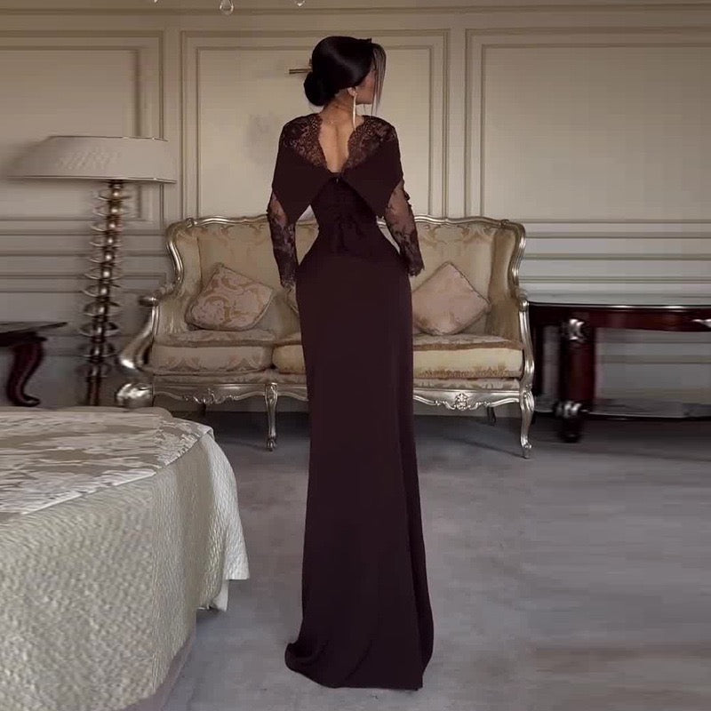 Elegant Maxi Evening Dress with Lace Design - RONIT