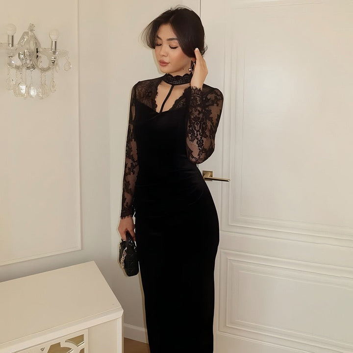 Velvet maxi dress with lace trim - RANIA