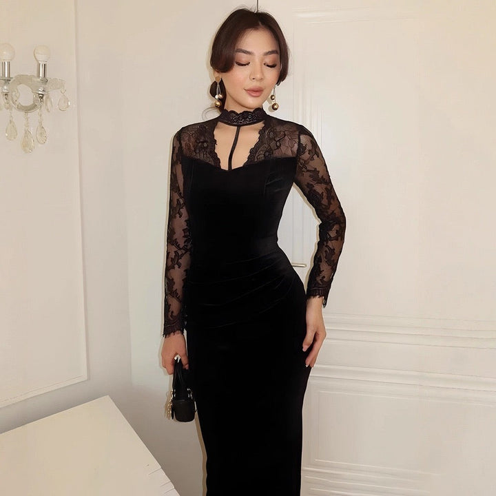 Velvet maxi dress with lace trim - RANIA