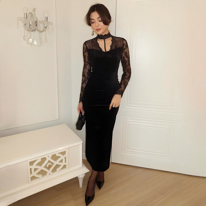 Velvet maxi dress with lace trim - RANIA