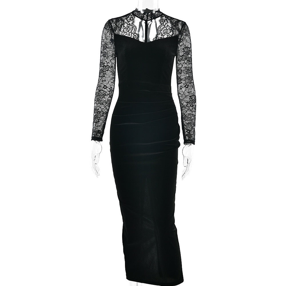 Velvet maxi dress with lace trim - RANIA