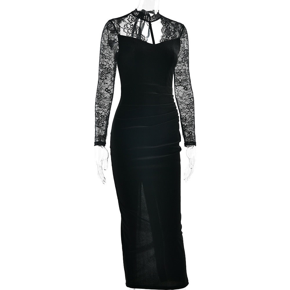 Velvet maxi dress with lace trim - RANIA