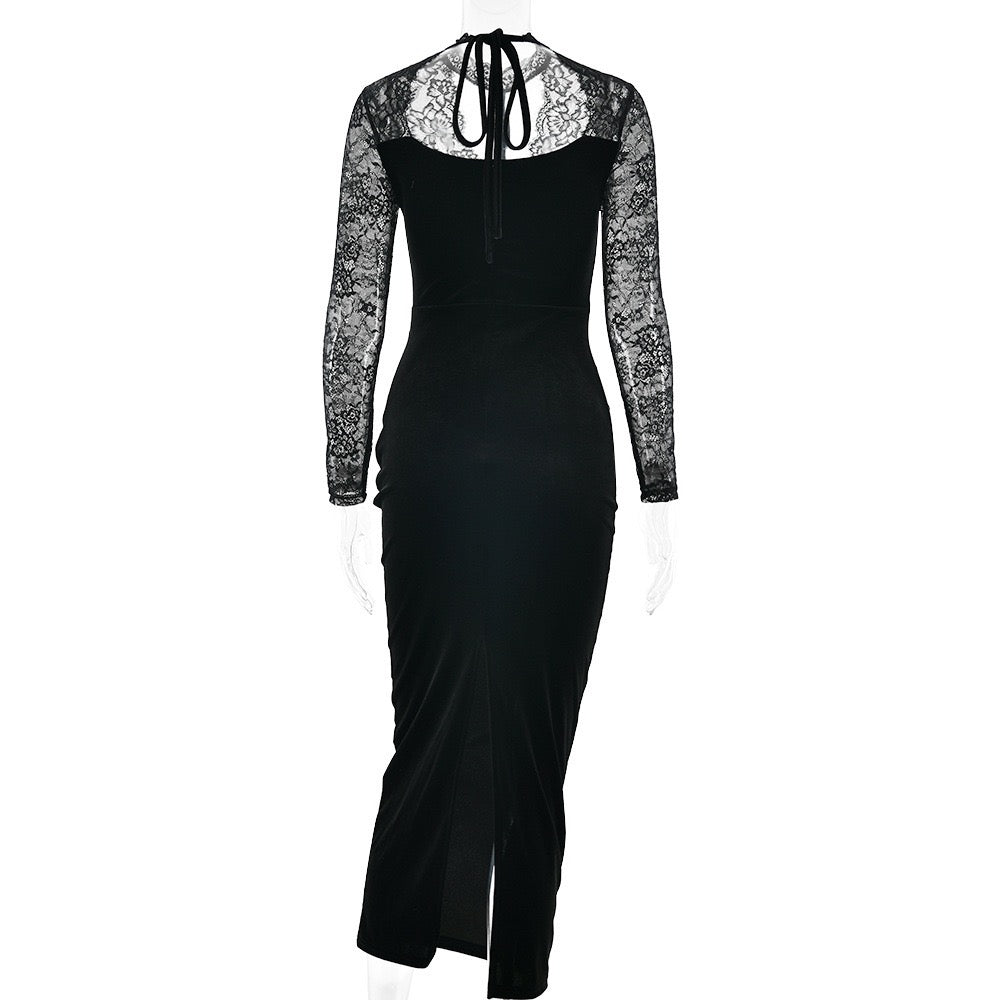 Velvet maxi dress with lace trim - RANIA