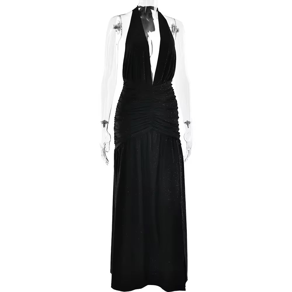 שמלת מקסי נצנצים בעיצוב שסע מחשוף V עמוק גב חשוף קשירה בצוואר - Emery