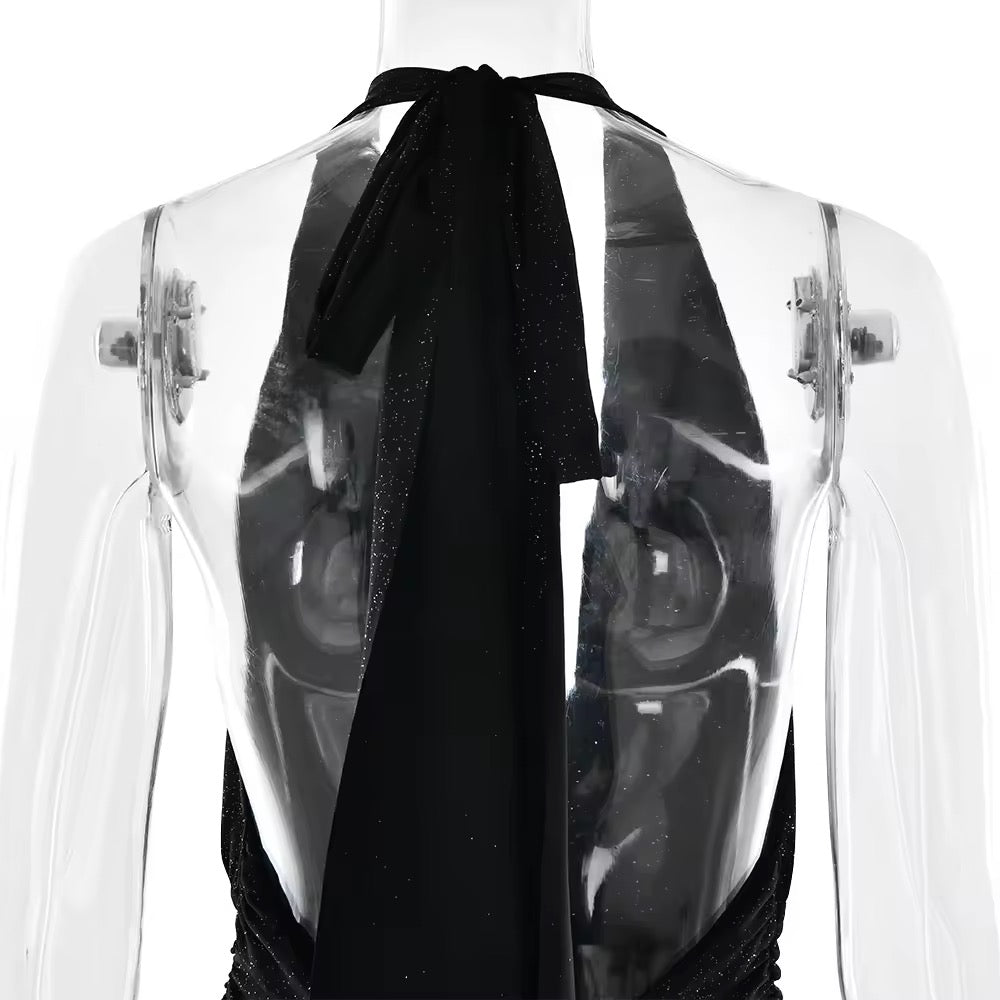 שמלת מקסי נצנצים בעיצוב שסע מחשוף V עמוק גב חשוף קשירה בצוואר - Emery