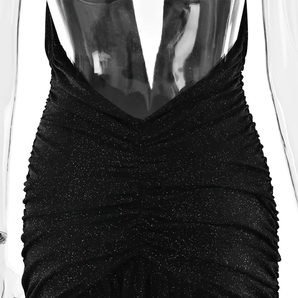 שמלת מקסי נצנצים בעיצוב שסע מחשוף V עמוק גב חשוף קשירה בצוואר - Emery