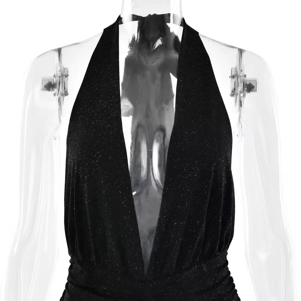 שמלת מקסי נצנצים בעיצוב שסע מחשוף V עמוק גב חשוף קשירה בצוואר - Emery