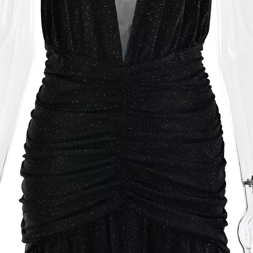 שמלת מקסי נצנצים בעיצוב שסע מחשוף V עמוק גב חשוף קשירה בצוואר - Emery