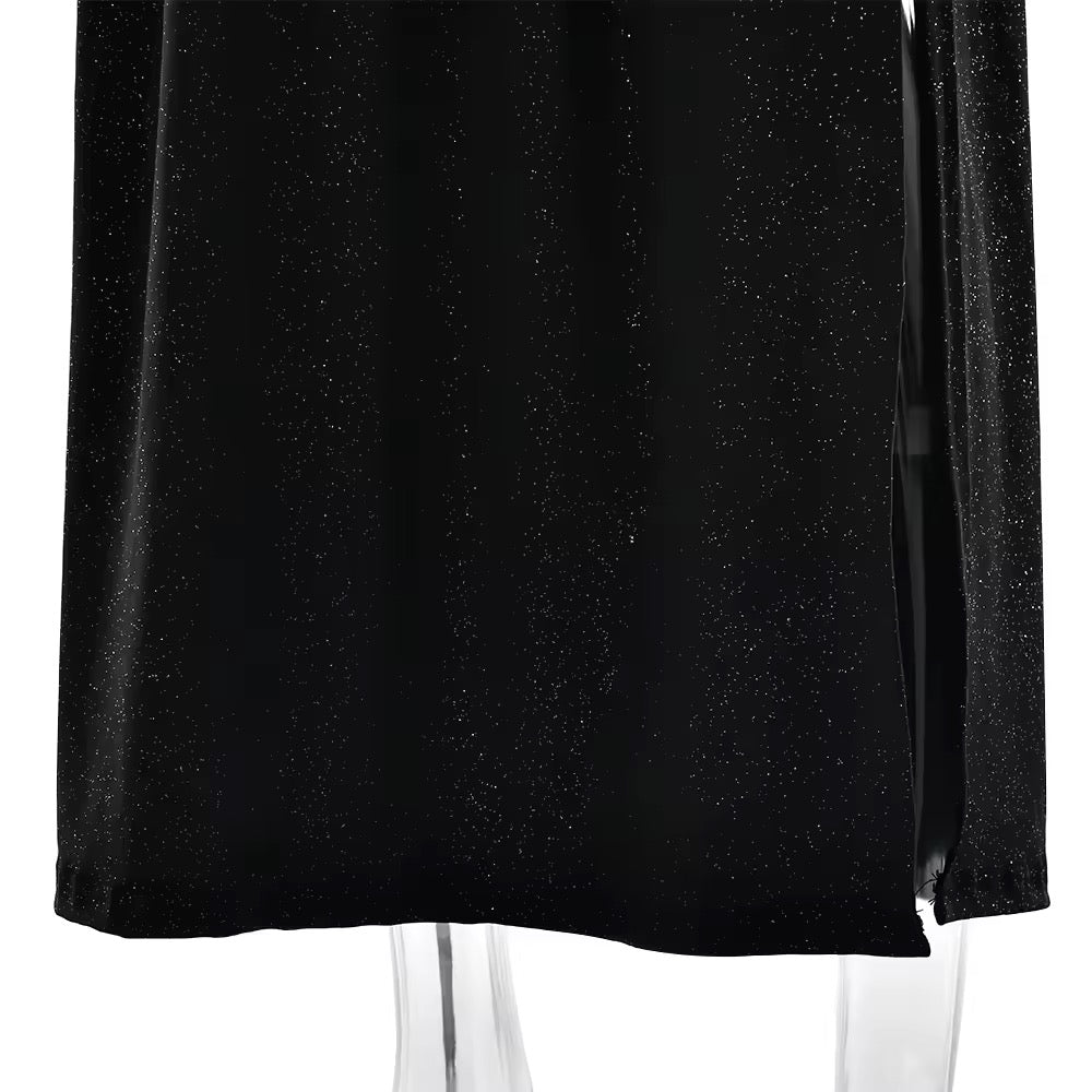 שמלת מקסי נצנצים בעיצוב שסע מחשוף V עמוק גב חשוף קשירה בצוואר - Emery