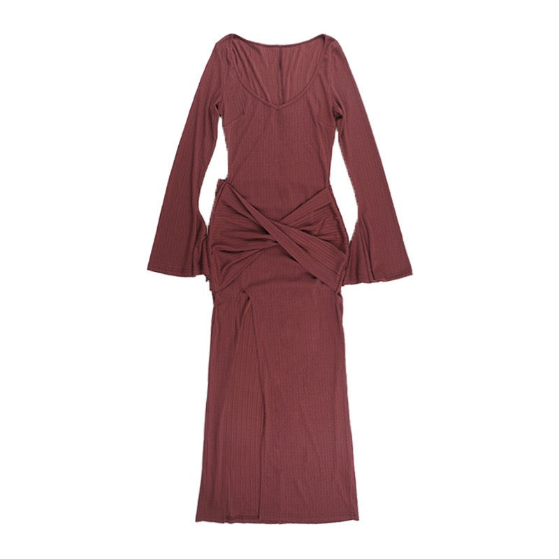 Maxi dress with cross pleats and slit design - Adalyan