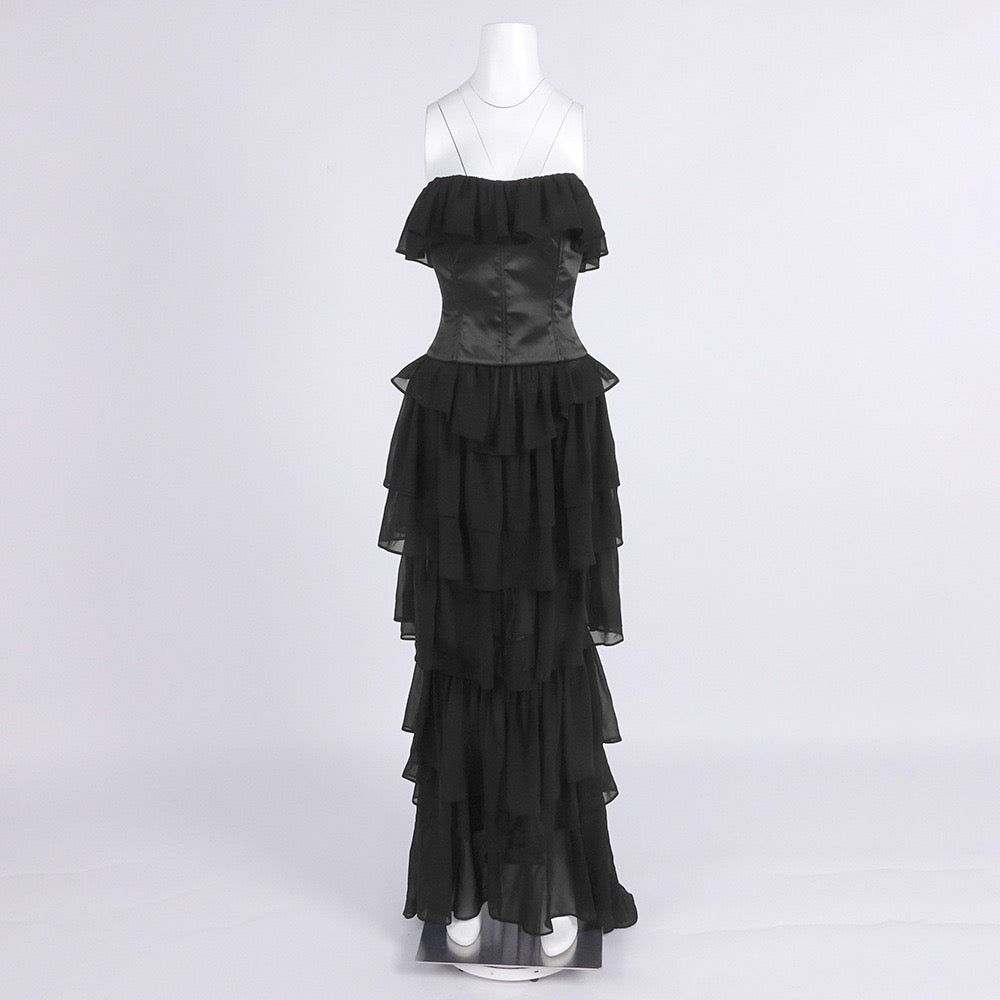 LINOR strapless ruffle mesh-design maxi dress with a corset