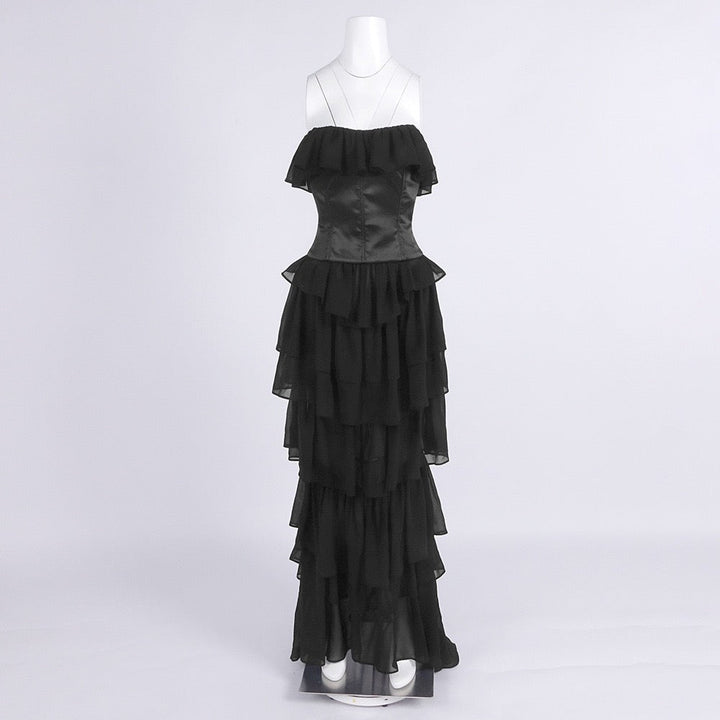 LINOR strapless ruffle mesh-design maxi dress with a corset