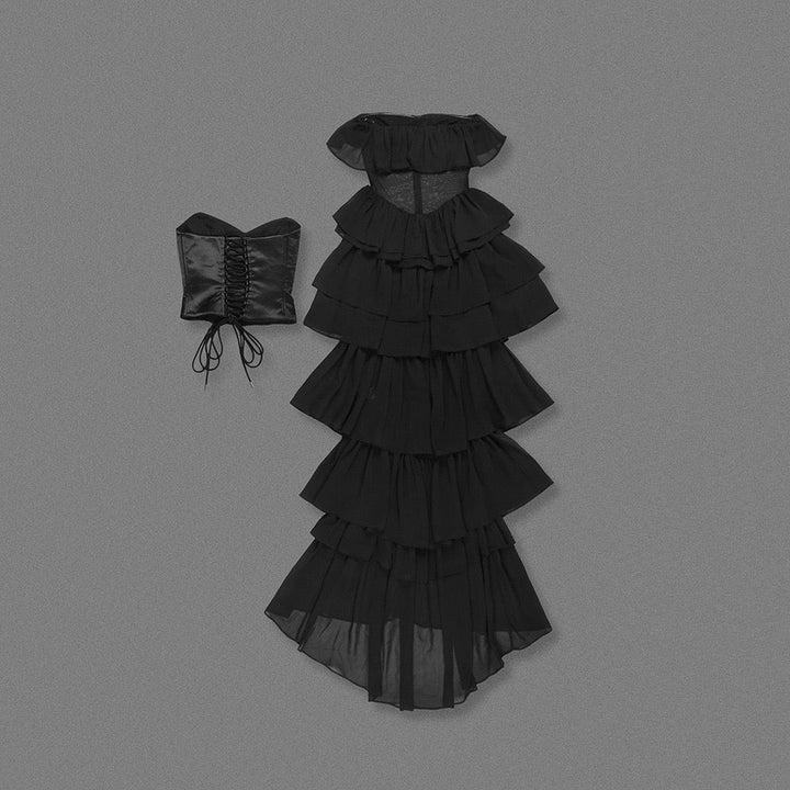 LINOR strapless ruffle mesh-design maxi dress with a corset