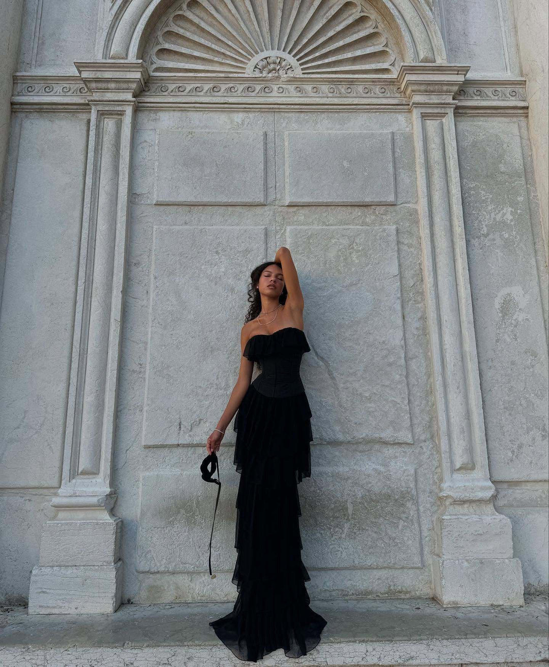 LINOR strapless ruffle mesh-design maxi dress with a corset