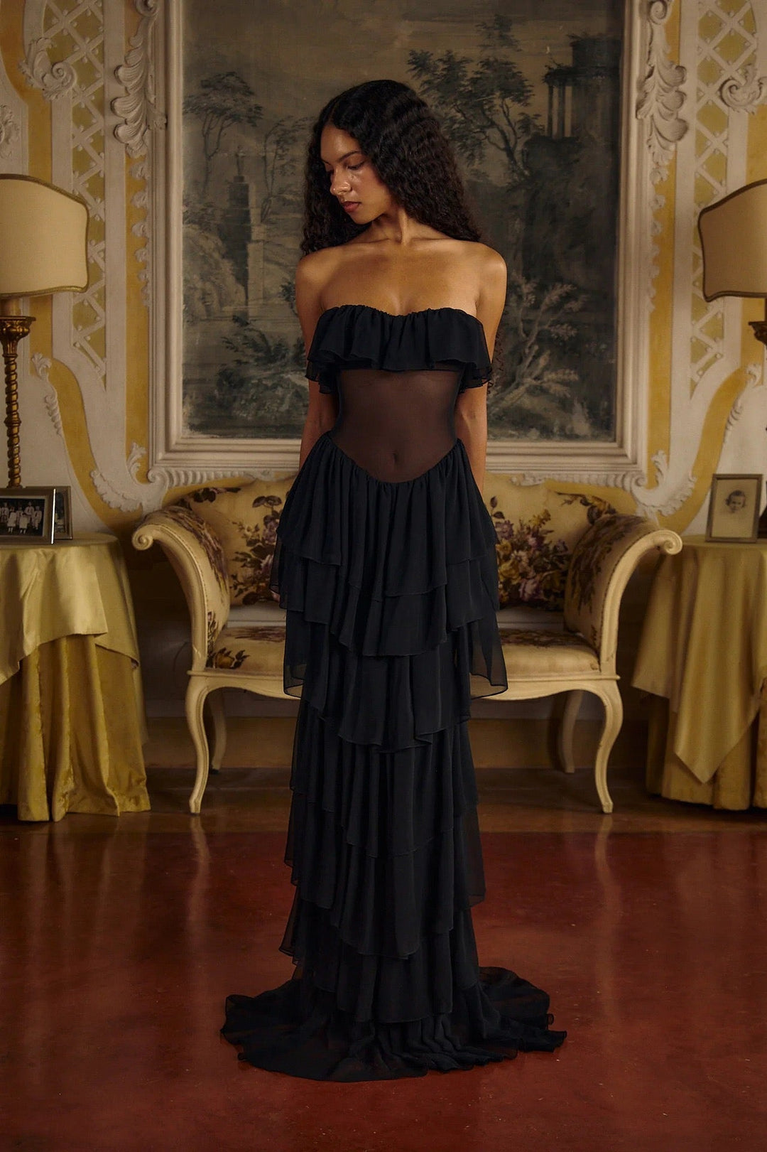 LINOR strapless ruffle mesh-design maxi dress with a corset