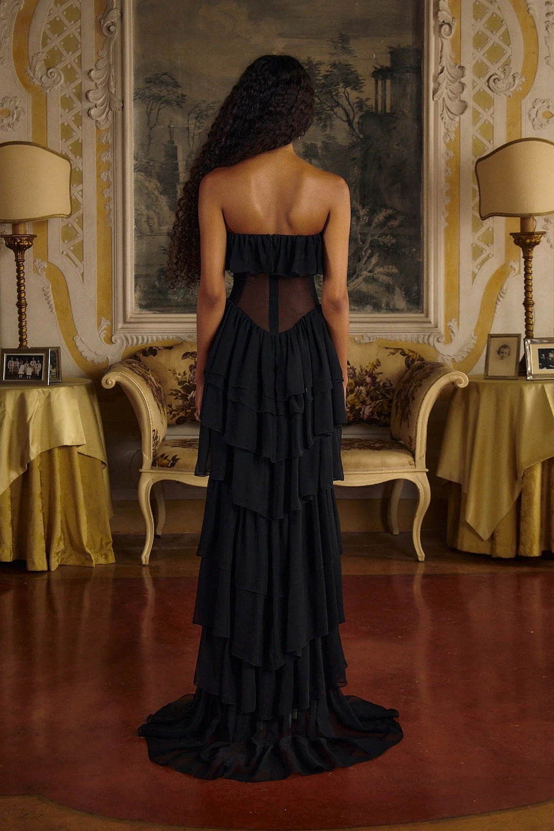 LINOR strapless ruffle mesh-design maxi dress with a corset