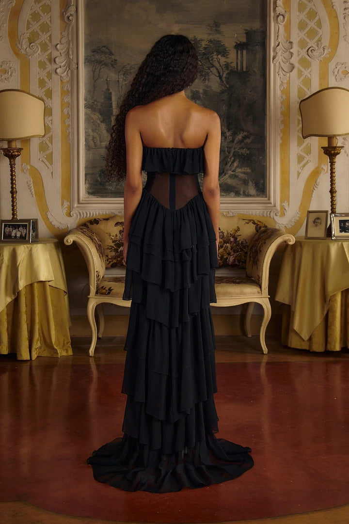LINOR strapless ruffle mesh-design maxi dress with a corset