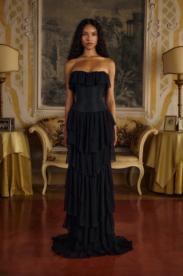 LINOR strapless ruffle mesh-design maxi dress with a corset