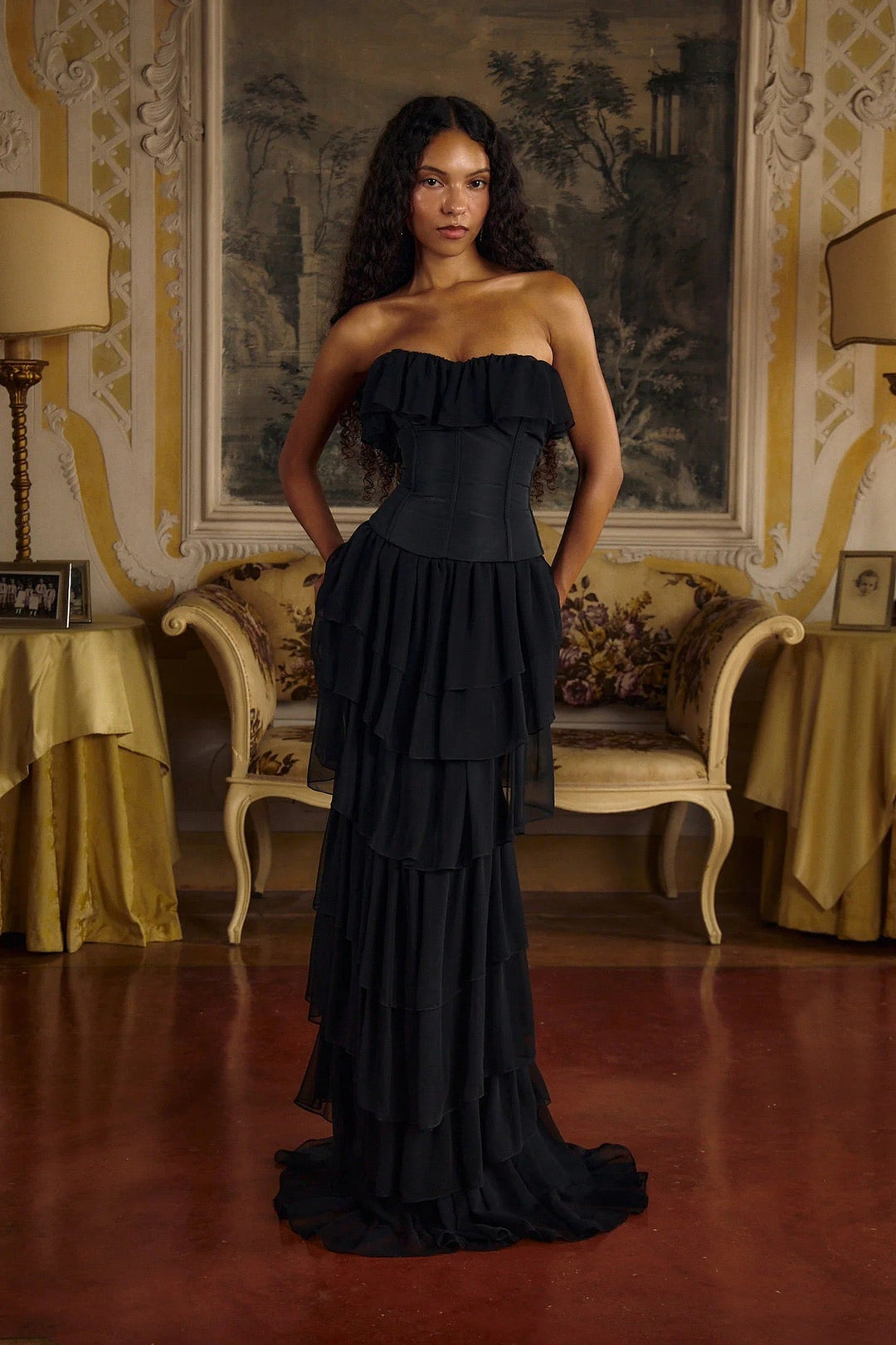 LINOR strapless ruffle mesh-design maxi dress with a corset