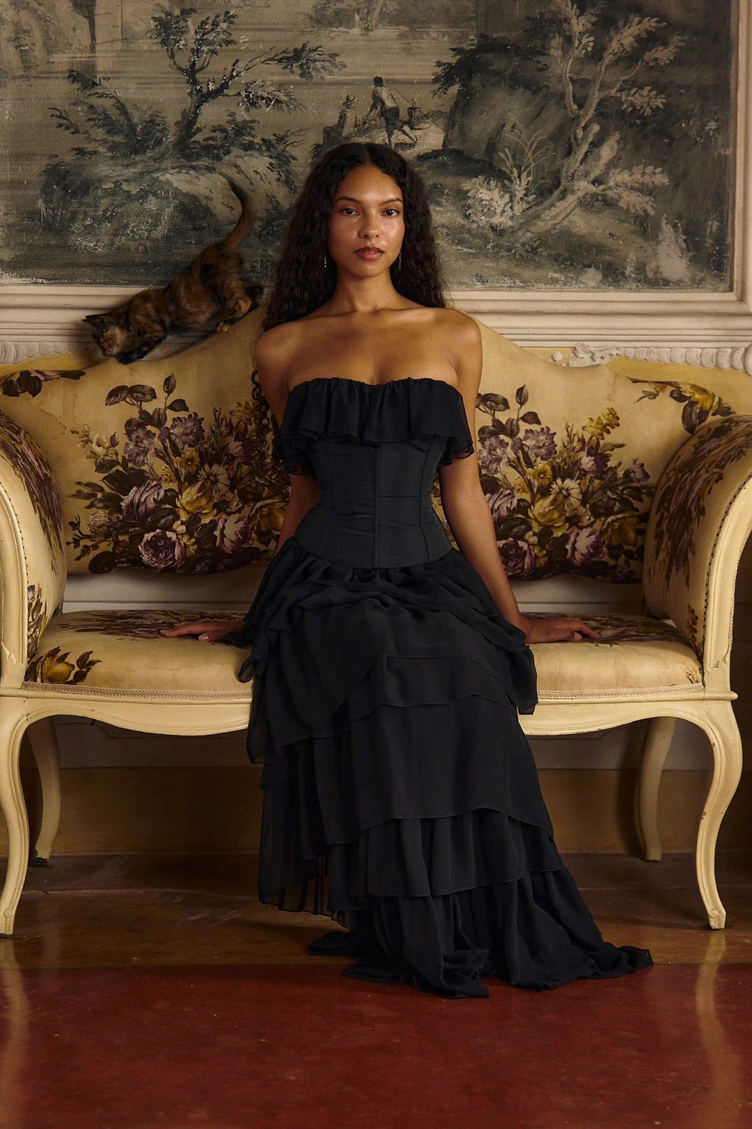 LINOR strapless ruffle mesh-design maxi dress with a corset