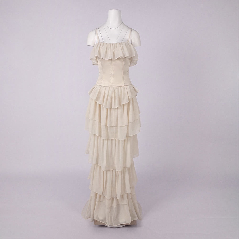 LINOR strapless ruffle mesh-design maxi dress with a corset
