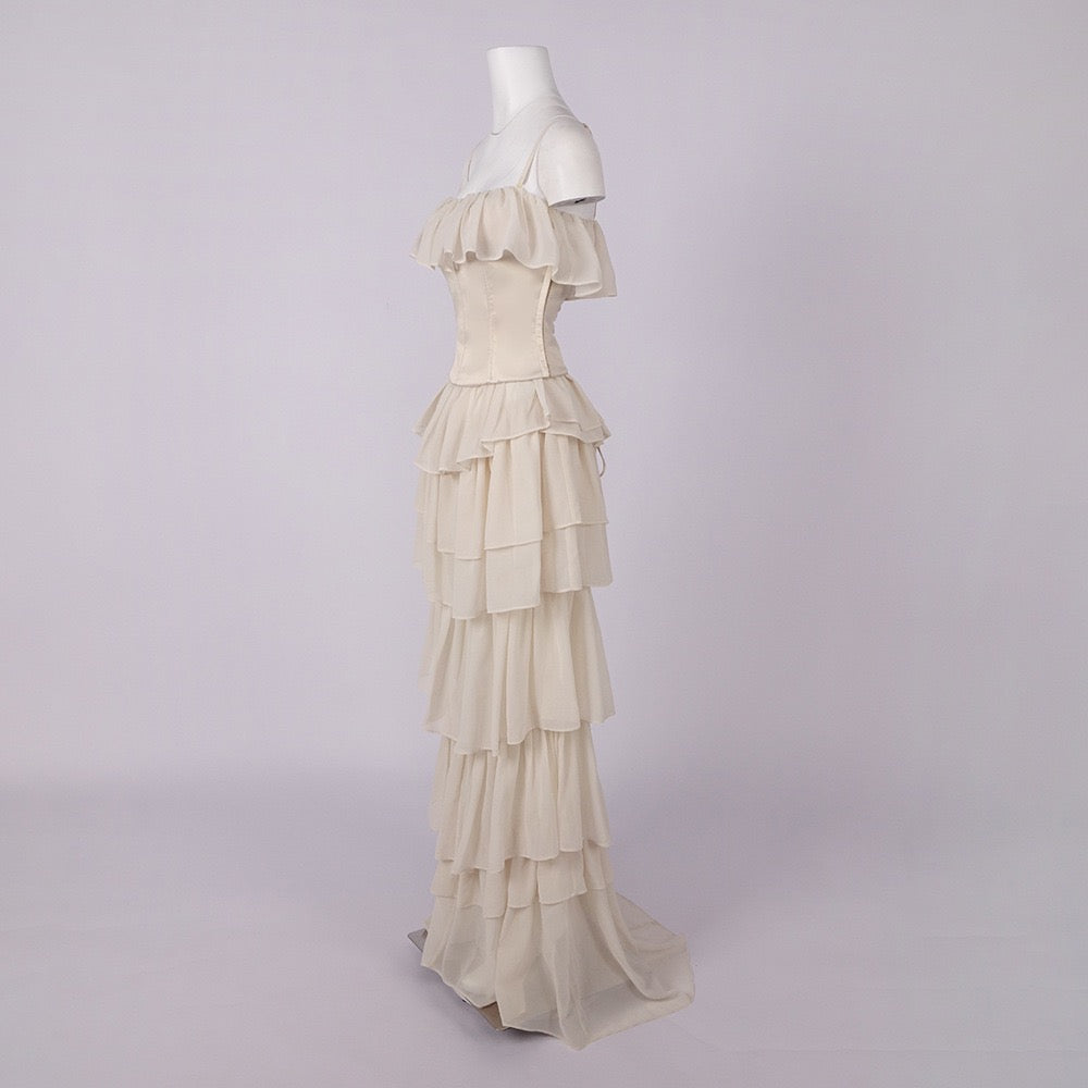 LINOR strapless ruffle mesh-design maxi dress with a corset