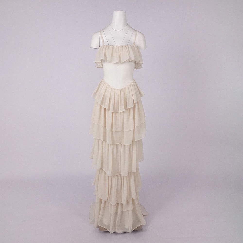LINOR strapless ruffle mesh-design maxi dress with a corset