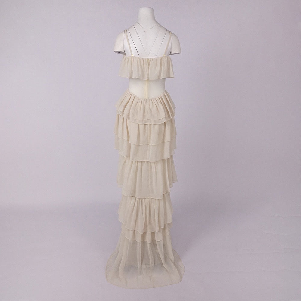 LINOR strapless ruffle mesh-design maxi dress with a corset