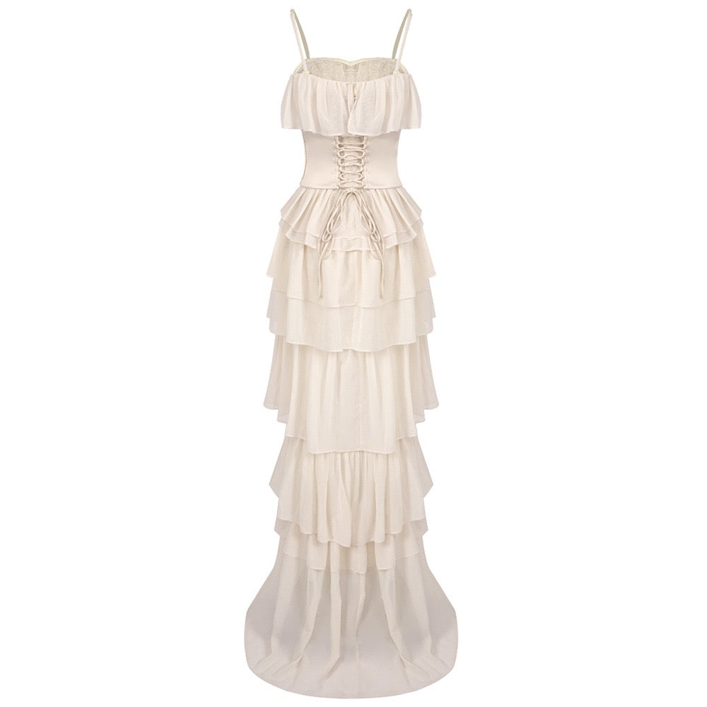 LINOR strapless ruffle mesh-design maxi dress with a corset