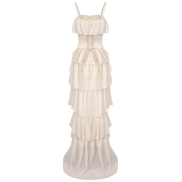 LINOR strapless ruffle mesh-design maxi dress with a corset