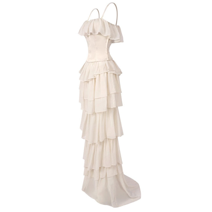 LINOR strapless ruffle mesh-design maxi dress with a corset