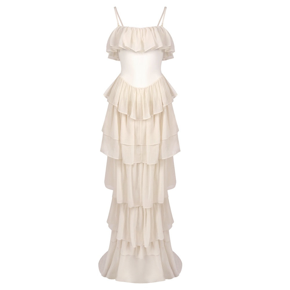 LINOR strapless ruffle mesh-design maxi dress with a corset