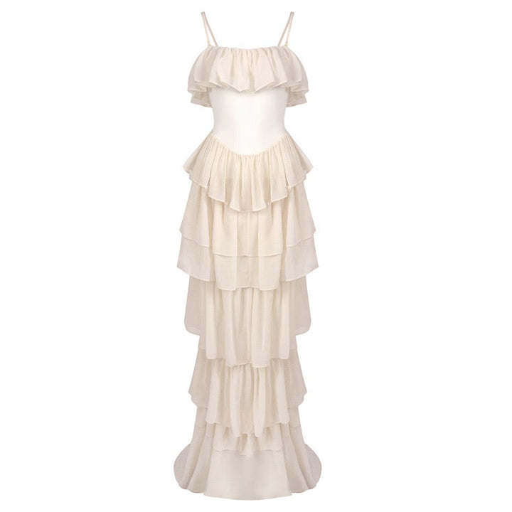 LINOR strapless ruffle mesh-design maxi dress with a corset
