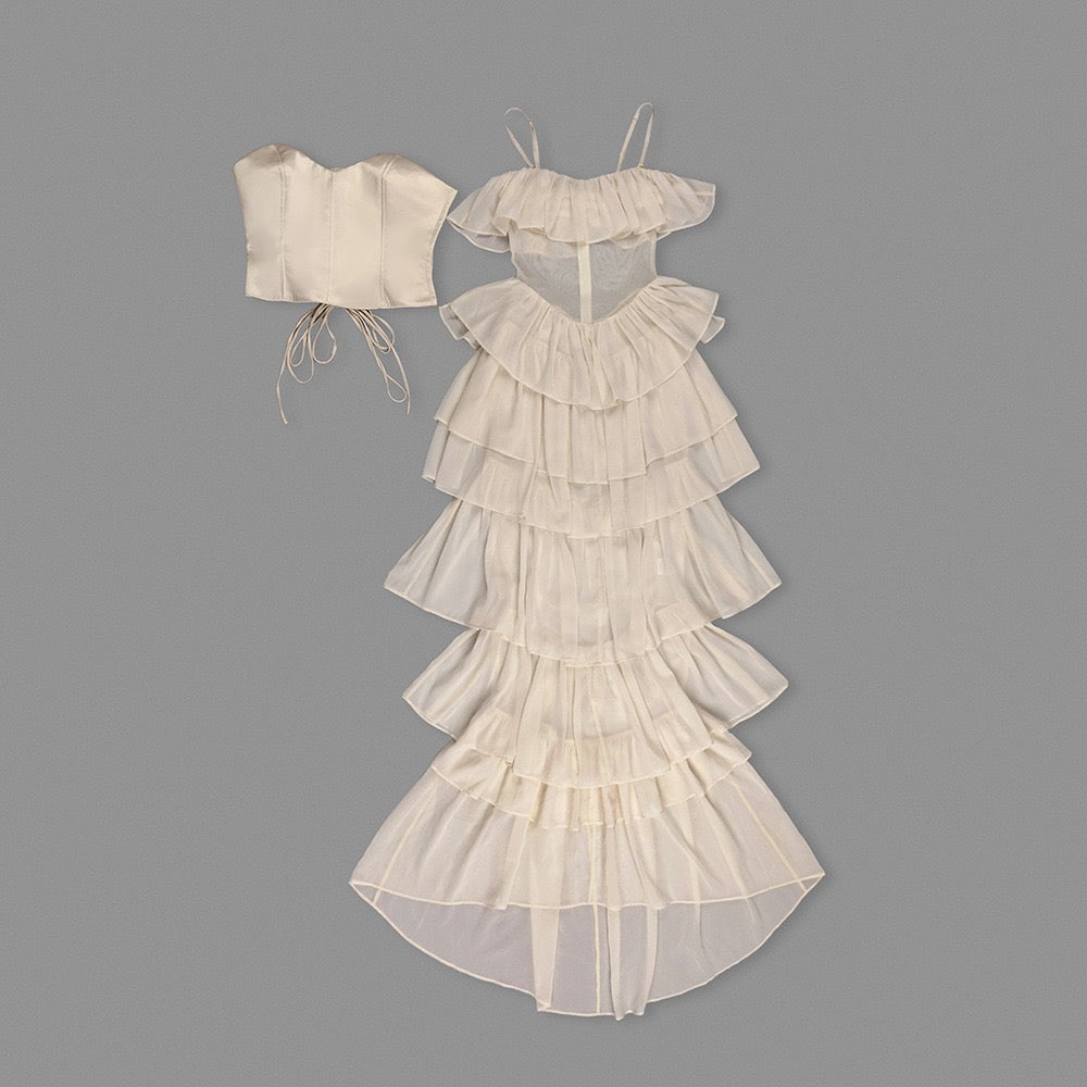 LINOR strapless ruffle mesh-design maxi dress with a corset