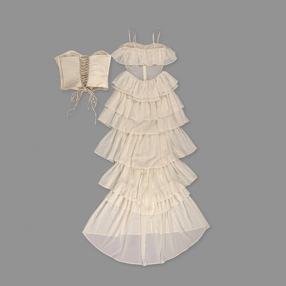 LINOR strapless ruffle mesh-design maxi dress with a corset