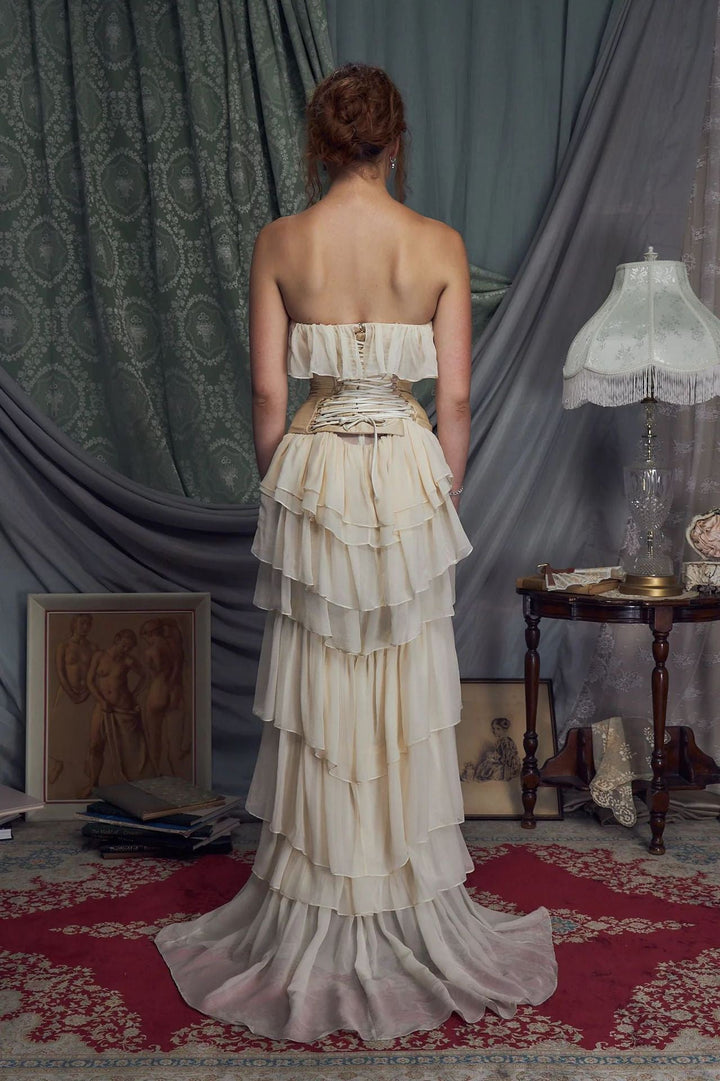 LINOR strapless ruffle mesh-design maxi dress with a corset