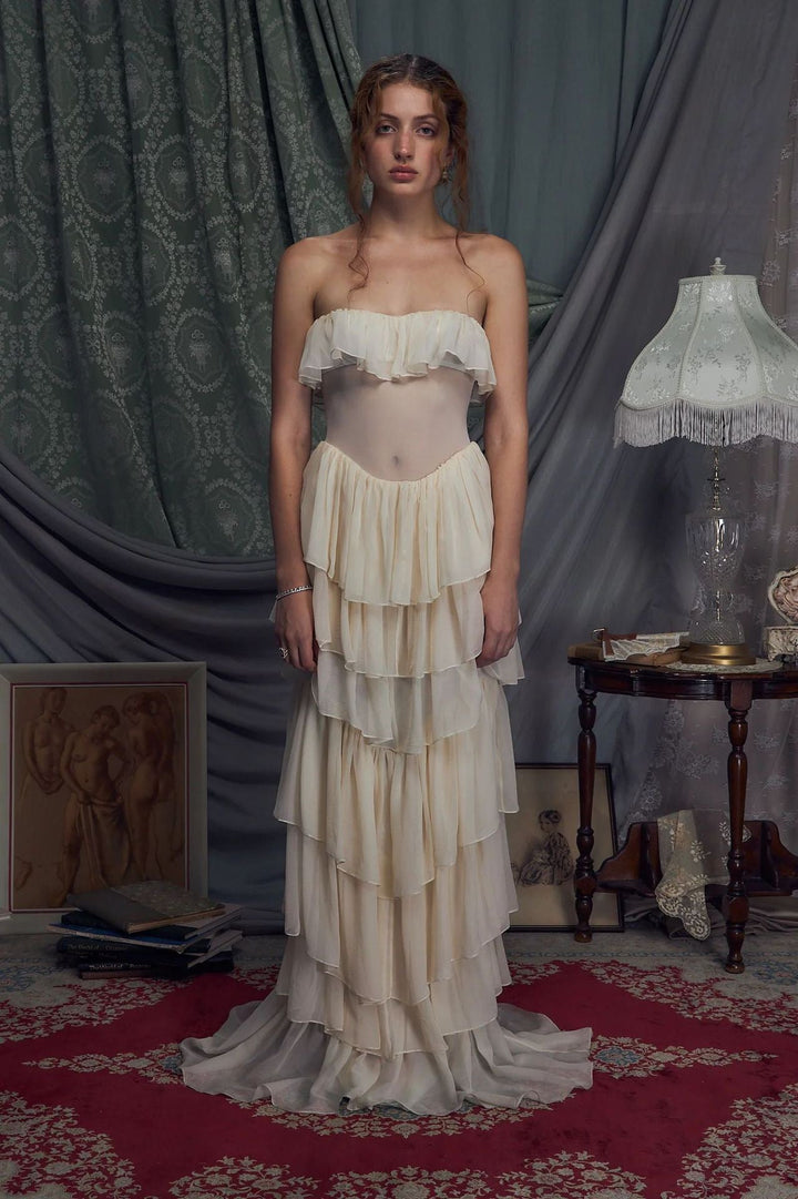 LINOR strapless ruffle mesh-design maxi dress with a corset