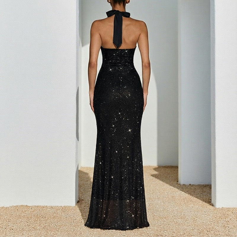 Sequined maxi dress with open back and tie - YAHEL